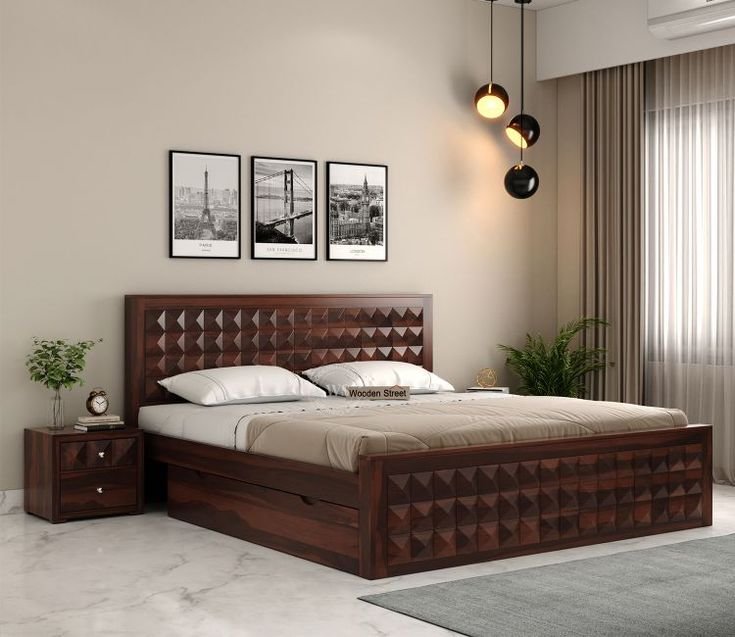Teakwood diamond design storage king size bed with side table